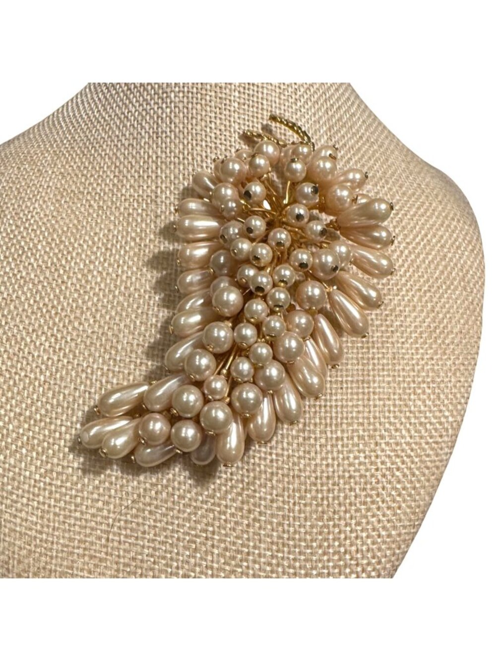 Vintage Pearl Cluster Leaf Brooch 4” Creamy Faux Pearl Large Pin Gold Tone